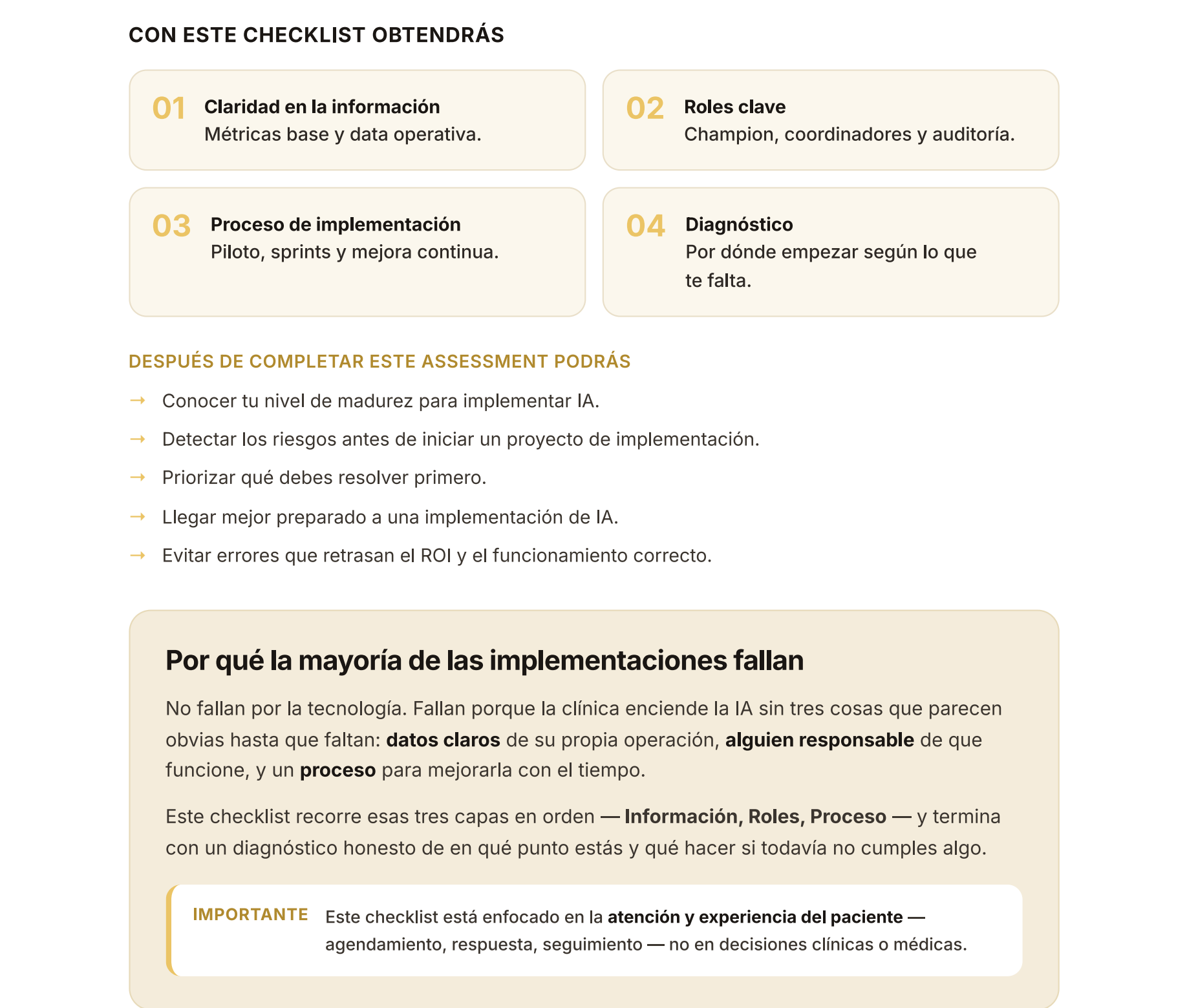 Interior del checklist: los 4 pilares y lo que obtendrás al completarlo